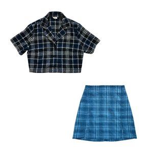 NWOT John Galt Brandy Melville Plaid Bundle Dark Vivian Crop Top + Blue Skirt OS